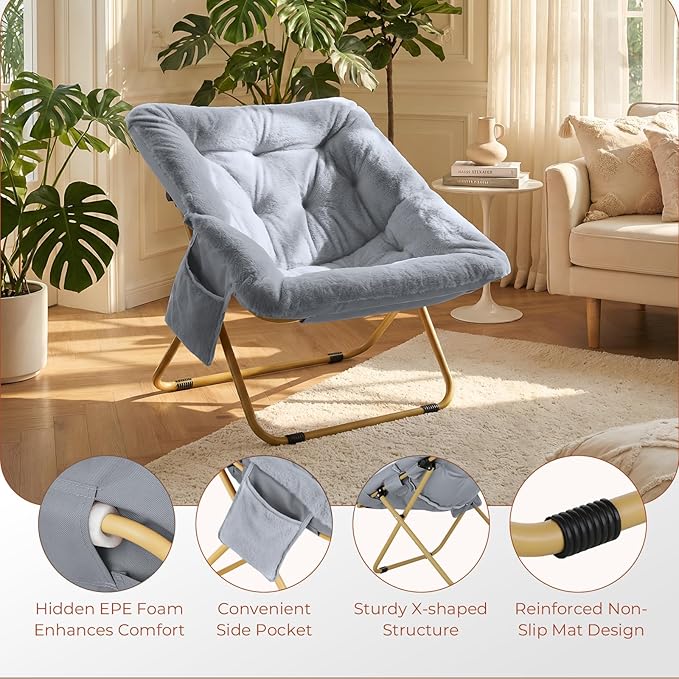 TLSUNNY Comfy Saucer Chair Oversized Foldable Lounge Lazy Chair Soft Faux Fur Reading Chair for Teens Adults Stable Metal Frame Moon Chair for Living Room Bedroom Dorms Office X-Large (Gray)