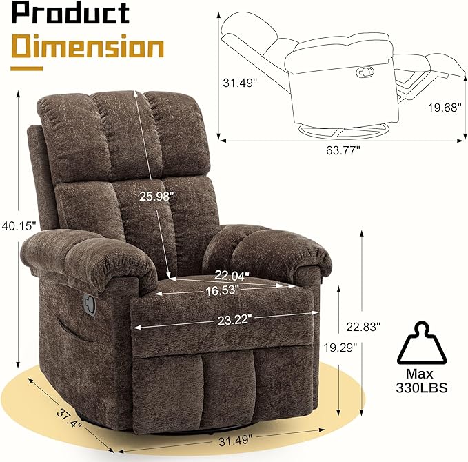 Recliner Chair Swivel Rocker Recliner Chair for Adults Small Recliners for Small Spaces Upholstered Manual Recliner with Side Pockets Nursery Rocking Chair for Living Room Chenille Brown