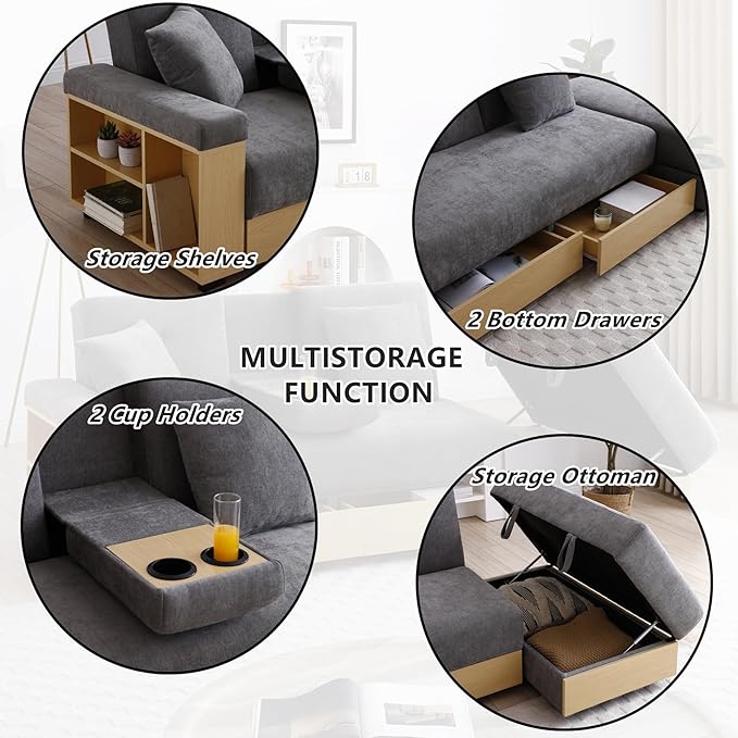 Convertible Sofa Bed 85 Folding Sectional Sleeper Sofa with Storage Ottoman Drawers Built-in Bookshelves and 2 Cup Holders Linen (Gray)
