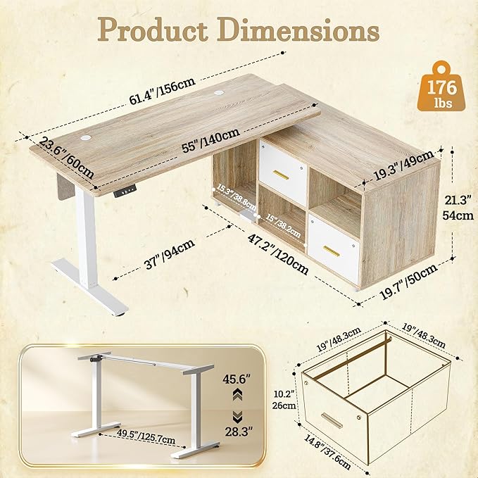 TIQLAB L Shaped Standing Desk with Privacy Protection Panel 61.4 x 47.2 Height Adjustable Corner Executive Desk with Drawers and Shelves Standing Computer Desks for Home Office Maple