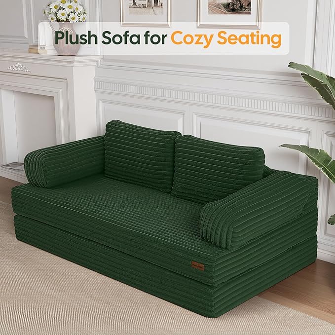 MeMoreCool Convertible Sofa Bed Folding Floor Couch Bed Queen Pull Out Sleeper Couch with Pillows Fold Out Futon Sofa for Bedroom Living Room Small Space Corduroy Beige