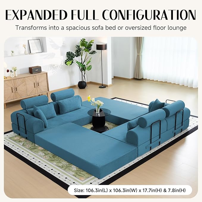106 L-Shaped Modular Boneless Couch 2-Piece System (2×70.87) Convertible Sectional to 141.7 Straight Sofa Corduroy Couch in a Box Headrest &amp Back Pillows for Living Room Ocean Blue