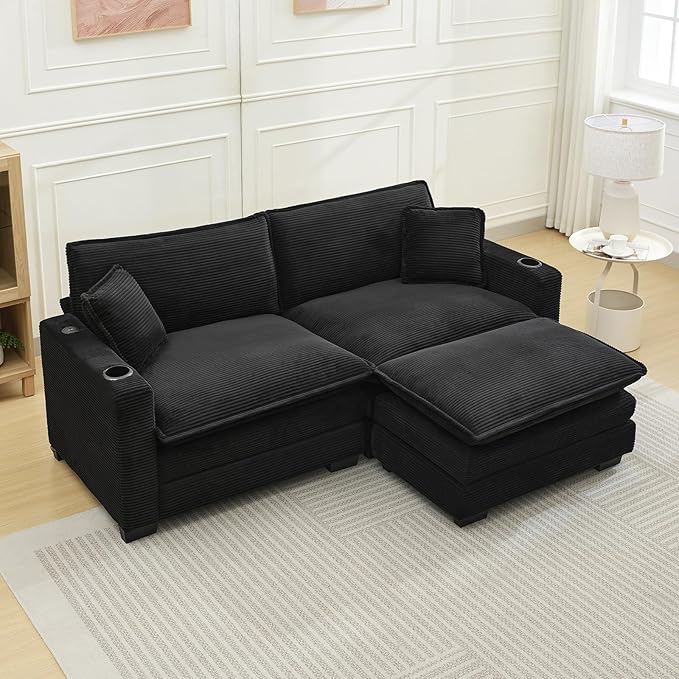 KIVENJAJA Corduroy Cloud Sectional Couch Modular Oversized Loveseat Sofa with Ottoman Cup Holders &amp USB Port Comfy 2 Seater Love Seat for Living Room Small Space 82.7”W Black