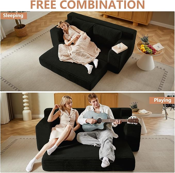 2-in-1 Loveseat Sofa with Pull-Out Bed 70.87 Sleeper Sofa with Comfy Cushions Corduroy Upholstered 2-Seater Cloud Sofa for Living Room Apartment and Small Spaces No Assembly Required (Black)