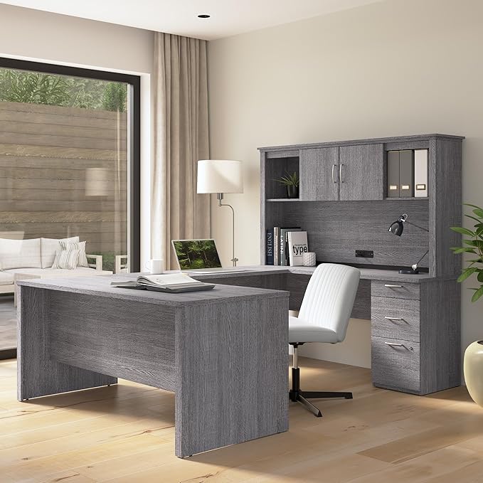 Bestar U or L Shaped Desk with Drawers and Hutch Executive Workstation for Home or Professional Office 66 Inches Logan Collection Bark Grey