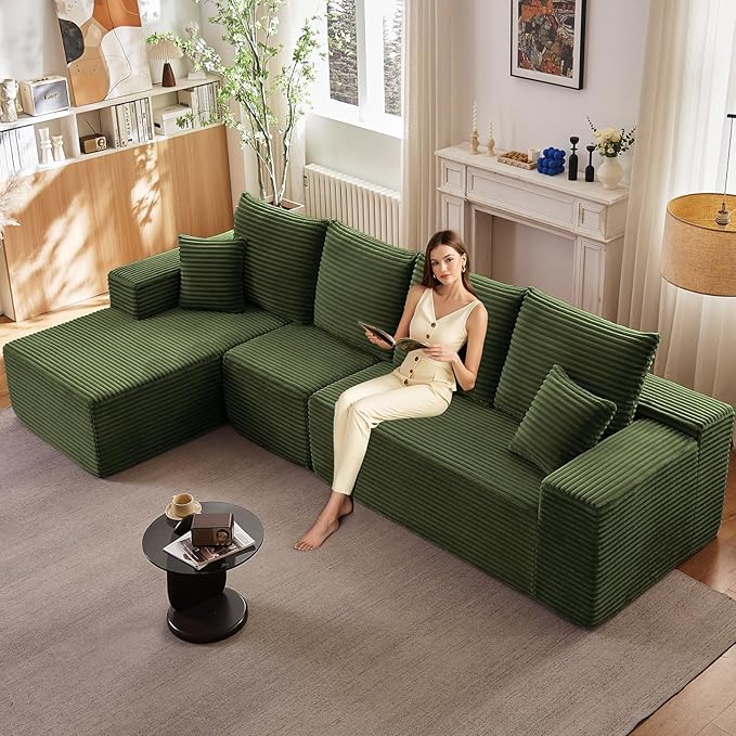 135.4 Cloud Sectional Couch with L-Shape Chaise Modern Corduroy Boneless Couch for Living RoomMemory Foam Sofa with Deep SeatNo Assembly Required (GreenLeft-Facing Chaise)