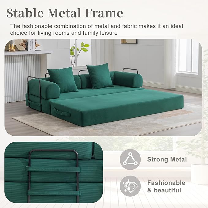 Convertible Sleeper Sofa Bed 78.5 Folding Floor Sofa Mattress Couch with Pillows Corduroy Futon Boneless Couch Lounge Loveseat with Pull Out Bed Emerald Green