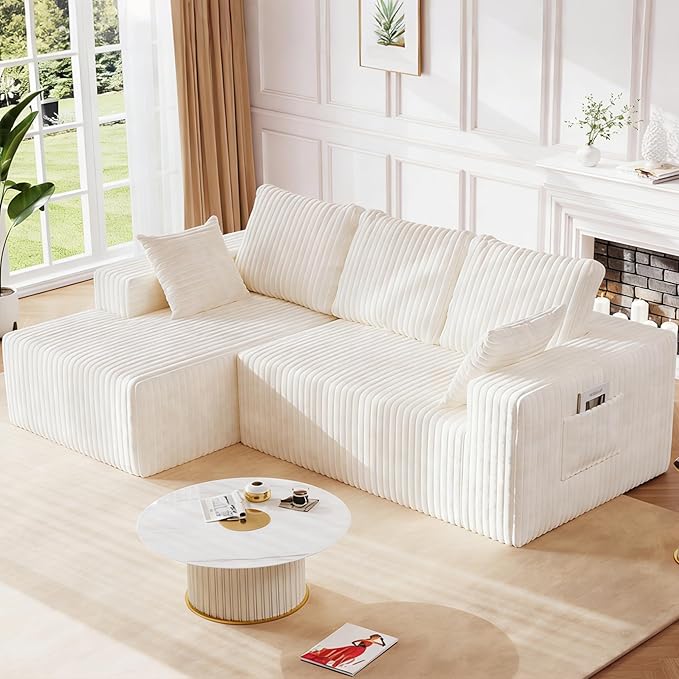 94 L Shape Sectional Sofa 3 Seat Memory Foam Cloud Couch No Assembly Required Oversized Chaise Modular Couches for Living Room Office Apartment - Left Facing Chaise White