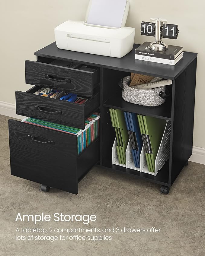 VASAGLE Lateral File Cabinet Home Office Printer Stand 3-Drawer Mobile Filing Cabinet with Open Storage Shelves for A4 Letter-Size Files Black with Wood Grain UOFC041B56