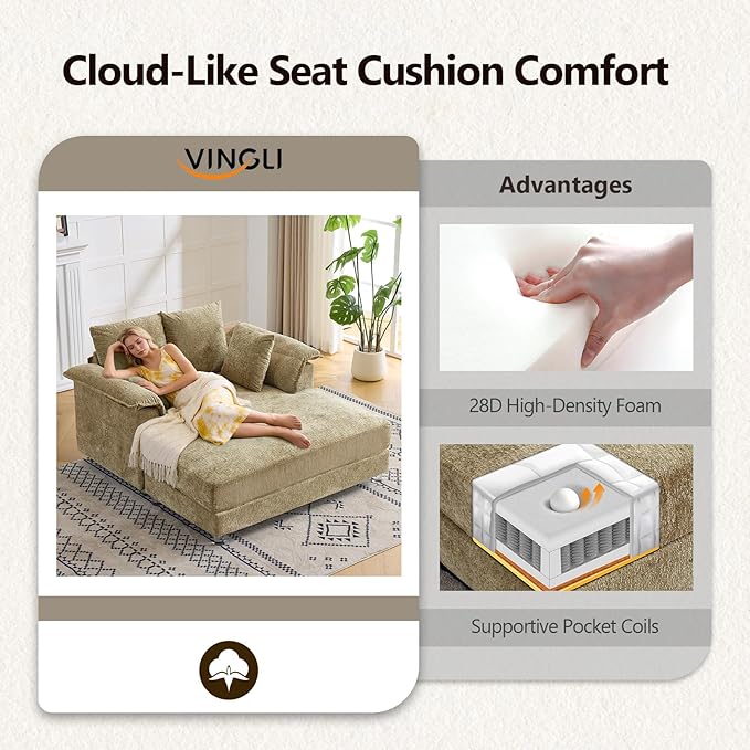 VINGLI Modern Floating Chaise Lounge Chair with LED Lights &amp Acrylic Legs Upholstered Cushion Deep Seat Lounge Sofa with Iron-Wood KD Frame Pillow Armrest Accent Chair for Living Room Apartment