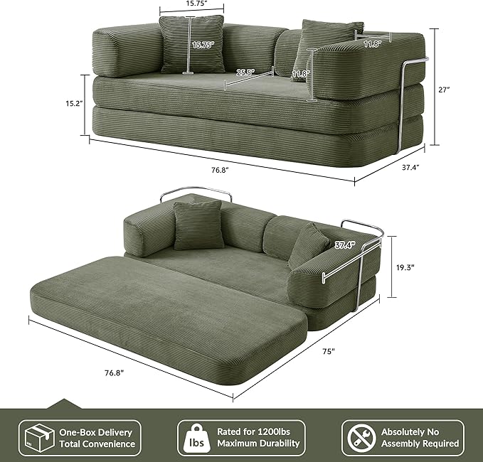 5-in-1 Convertible Sofa Bed Boneless Floor Couch Queen Size with Magic Pillow Blankets Zero-Assembly Sleeper Futon for Apartments Renters &amp Micro-Living Spaces Green