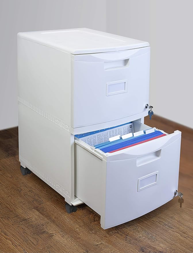 Storex Plastic Two-Drawer Mobile Pedestal File Cabinet – Locking Document Organizer with Casters for Home and Office White 1-Pack (61316A01C)