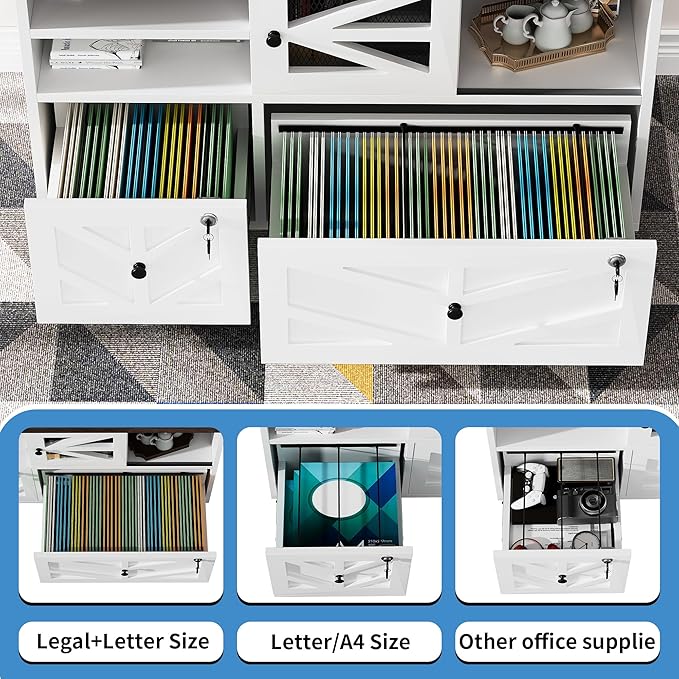 Lockable 2-Drawer Lateral File Cabinet with Open Storage Shelves Rolling Filing Cabinet for Home Office Holds Letter/Legal/A4 Files Heavy Duty Mobile File Cabinet White and Brown
