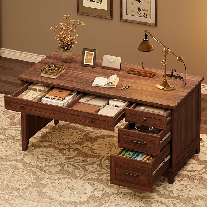 GAOMON 54.5in Wooden Executive Desk with Drawers Office Desk Computer Table with Charging Station Farmhouse Home Office Desk with File Cabinet Storage for Study and Home Office Walunt Brown
