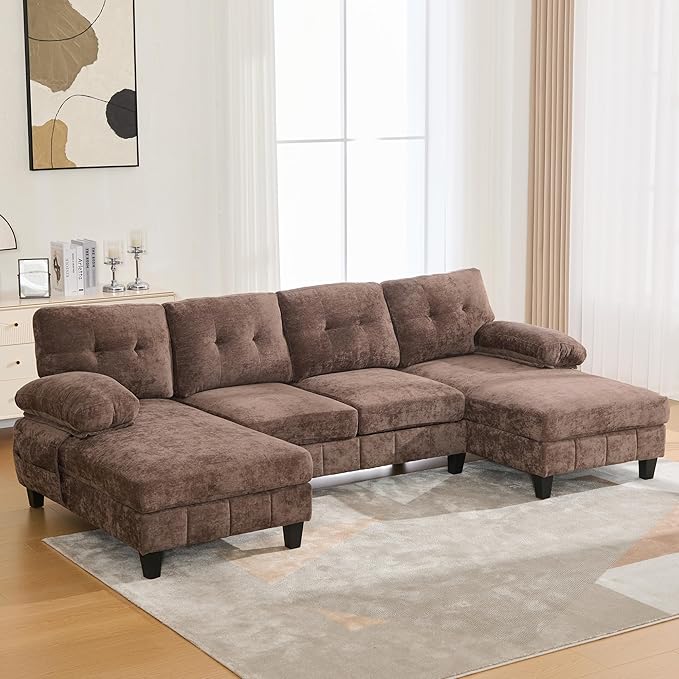 103.5 U-Shaped Sectional Sofa Modern Chenille Fabric Couch with Dual Chaise Lounges Side Storage Pockets and Armrest Pillows for Living Room (Brown//16)