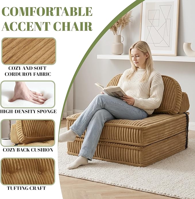 Foldable Sofa Bed in A BoxPortbale Compressed Chair BedCorduroy Convertible Twin Sleeper ChairFull Foam Fold Out Chaise Lounge for Living RoomBedroomApartment (Camel)