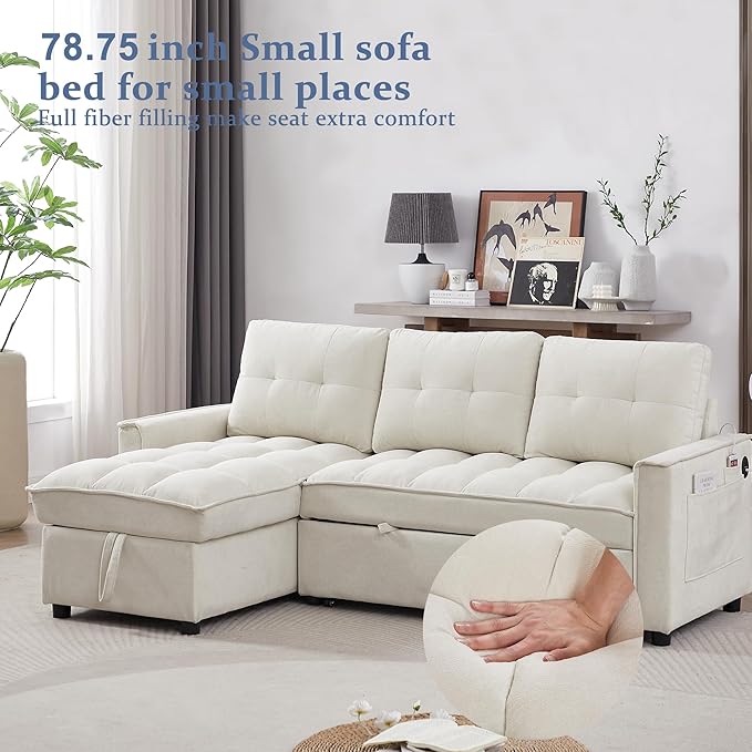 Reversible Sectional Sleeper Sofa - Pull Out Sofa Bed Couch with USB and Tape-c Charging Ports L-Shape Sleeper Sectional Couch for Living Room Office and Small Apartment (Beige)