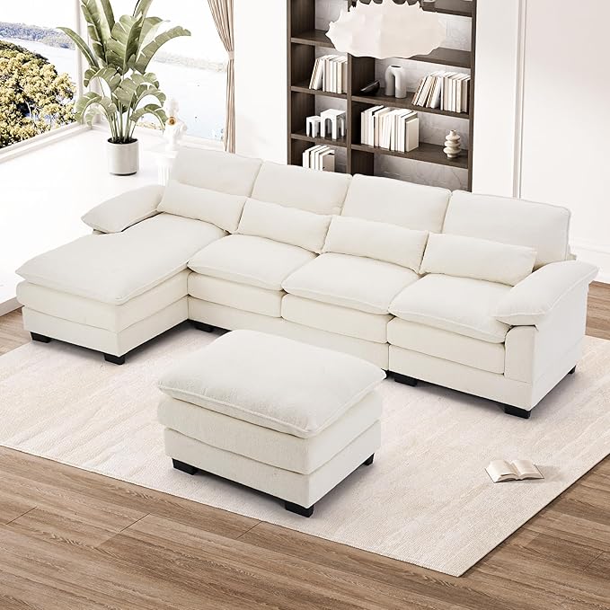 OUYESSIR 113 U Shape Sectional Cloud Couch with OttomanFluffy Sectional Couches for Living Room4 Seater Modular Sectionals SofaComfy Cloud Sofas &amp Couches with 4 PillowsBeige White