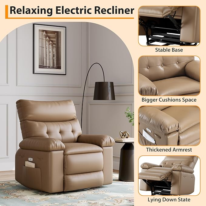 Elderly Massage Recliner Chair with Heat - Oversized Power Swivel Rocker for Adults 360° Rotating Chair PU Leather Recliner Sofa for Living Room Bedroom - Easy Clean Design Yellow