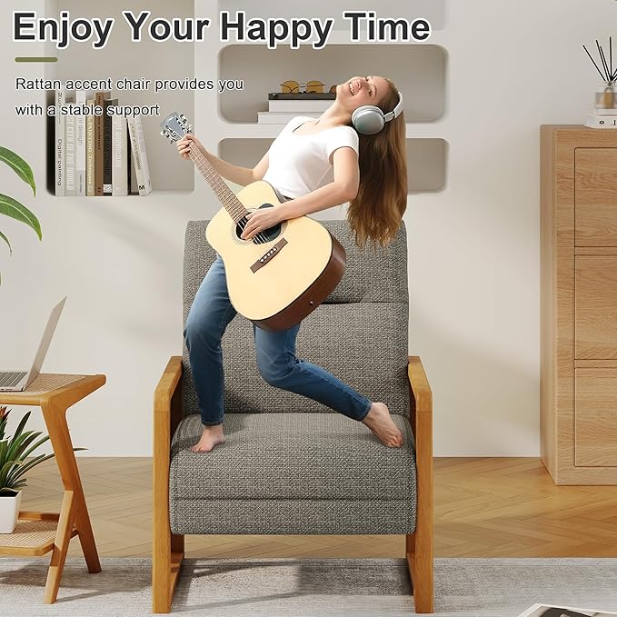 Linen Accent Chair Living Room Chairs with Rattan Arms Armchair with Ash Wood Legs for Reading Brownish Gray