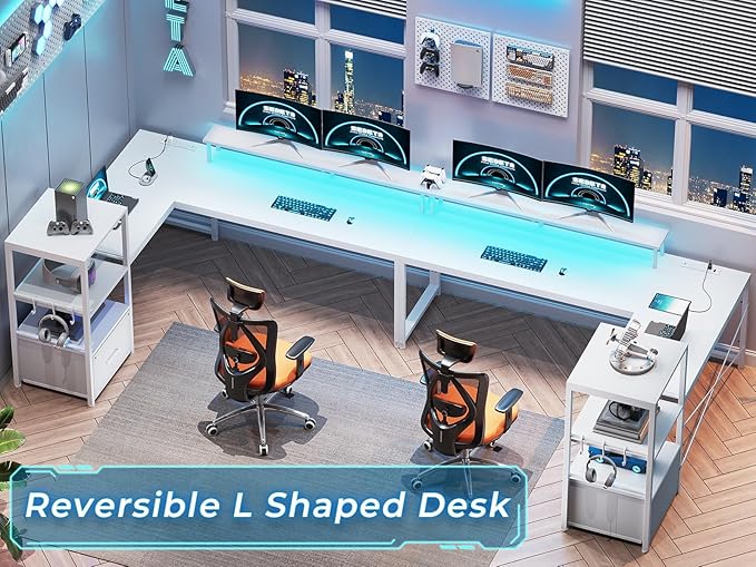 SEDETA White L Shaped Desk with Fabric Drawer Reversible 51” Corner Desk with Storage Shelves L Shaped Gaming Table with LED Strip Power Outlet and Monitor Shelf for Home Office