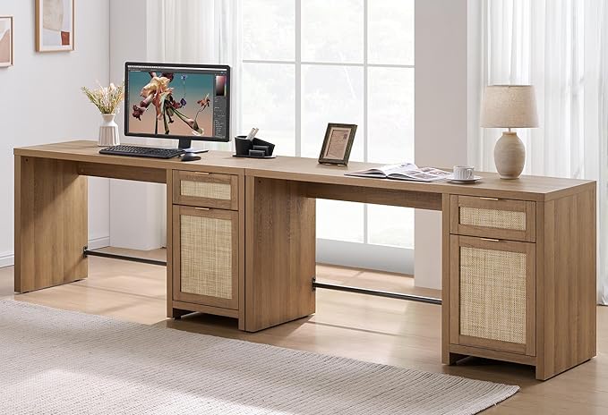 SICOTAS Rattan Home Office Desk 2 Pieces Farmhouse Boho Executive Desk with Storage Cabinets and Drawers Larger Writing Desk for Office Study Living Room Oak