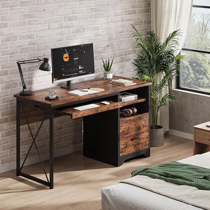 Bestier 47 Computer Desk with Drawers Home Office Desk with Keyboard Tray Reversible Industrial Office Desk with Storage Cabinet for Small Space Home Office &amp Studio Rustic Brown