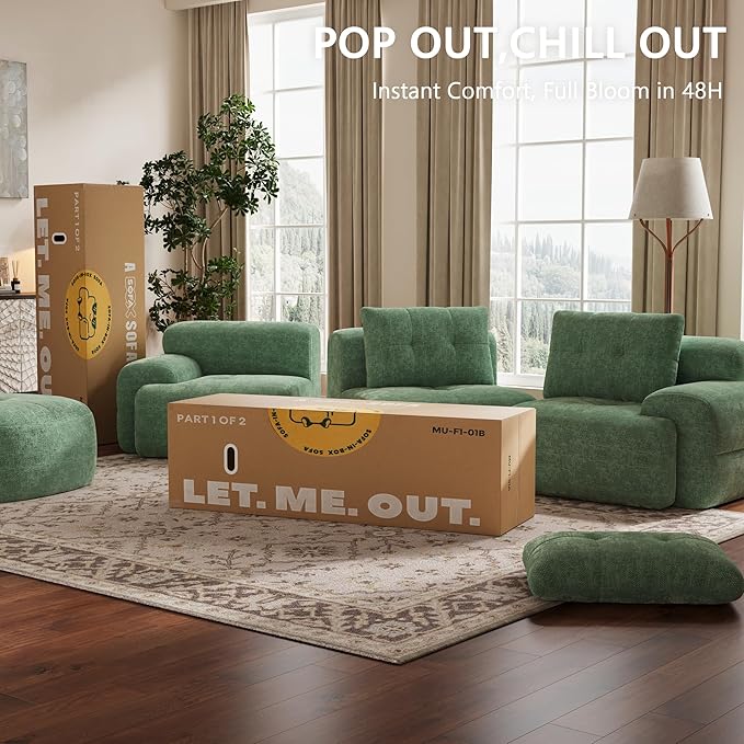 112'' Modular Sectional Sofa Couch with Chaise Full-Foam Structure Compression Packaging Design Woven Texture Upholstery Oversized Modern Sofa for Living Room – Sage Green