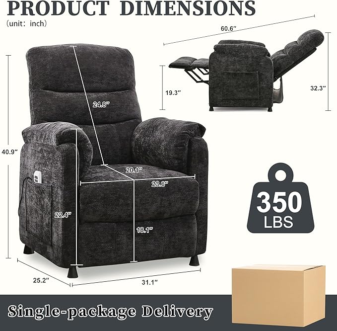 Electric Recliner Chair Power Recliner Sofa with Remote Adjustable Backrest and Side Pocket 7-Zone Support 350 LBS Soft Chenille Fabric Armchair for Living Room Bedroom Black