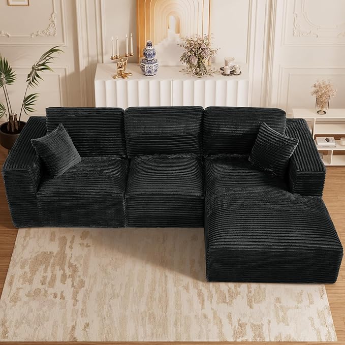 108 L-Shaped Boneless Cloud Sectional Couches Comfy Corduroy Fluffy Modular Sectional Sofa with Ottoman Deep Seat Memory Foam Plush Couch for Living Room Small Spaces Black