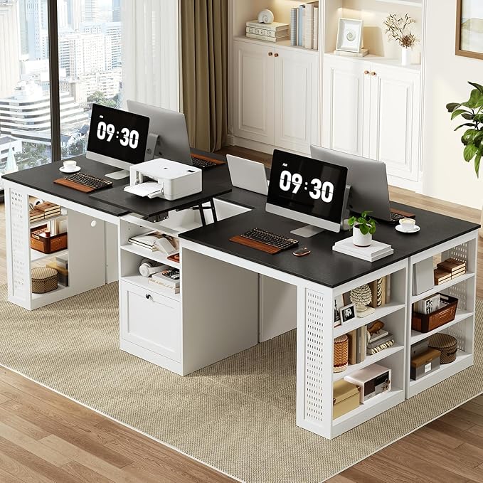 Farmhouse 96.5 Computer Desk for 2 Person Two Person Desk with Drawer &amp Shelves Long Writing Desk with Rising Table and Pegboard for Home Office Black and White