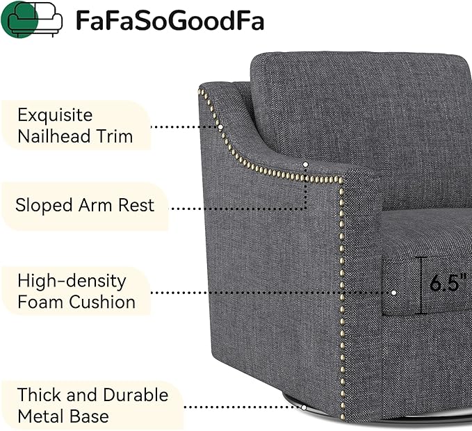Swivel Accent Chair Set of 2 Modern Comfy Linen Upholstered Barrel Armchair with Nailhead Decor and Metal Base Soft Oversized Round Chair for Living Room Bedroom Club (2 Dark Grey)