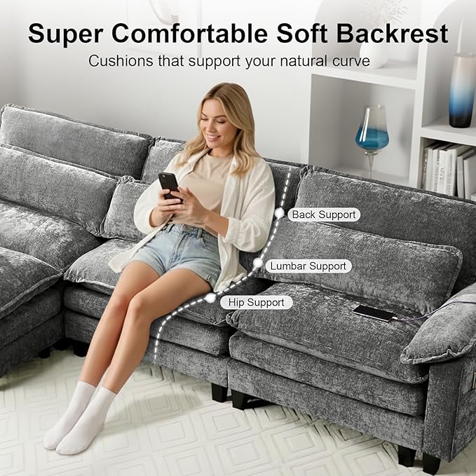 113'' Modular Sectional SofaL Shaped Couch with Movable Ottoman Comfy Cloud Sofa with Deep Seat 3 Seat Convertible Sectional Couches for Living Room with USB Charging &amp Side Pockets(Grey)
