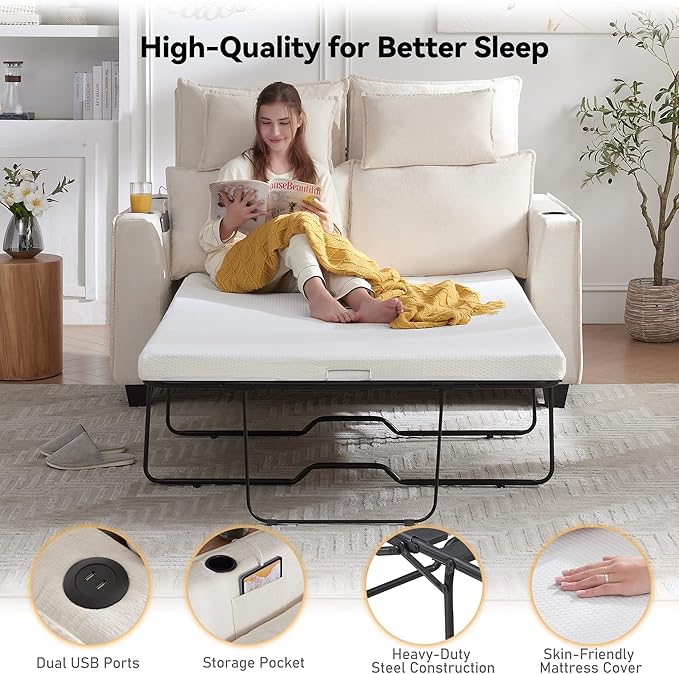65 Pull Out Sofa Bed Sleeper Sofa Couch 2-in-1 Convertible Chenille Loveseat with USB Charging Ports and Memory Foam Mattress Full Size Pullout Bed for Living Room Apartment or Office Beige