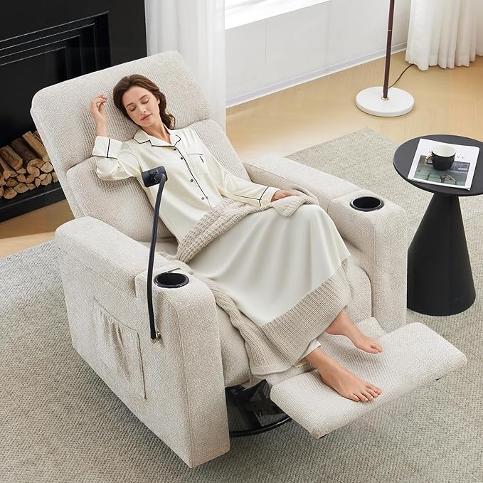 ABCASA Power Recliner Chair Swivel Glider Set of 2 Nursery Glider Recliner Chenille Rocking Recliner Chair with Adjustable Phone Holder Hidden Arm Storage USB &amp Type-C for Living Room Light B