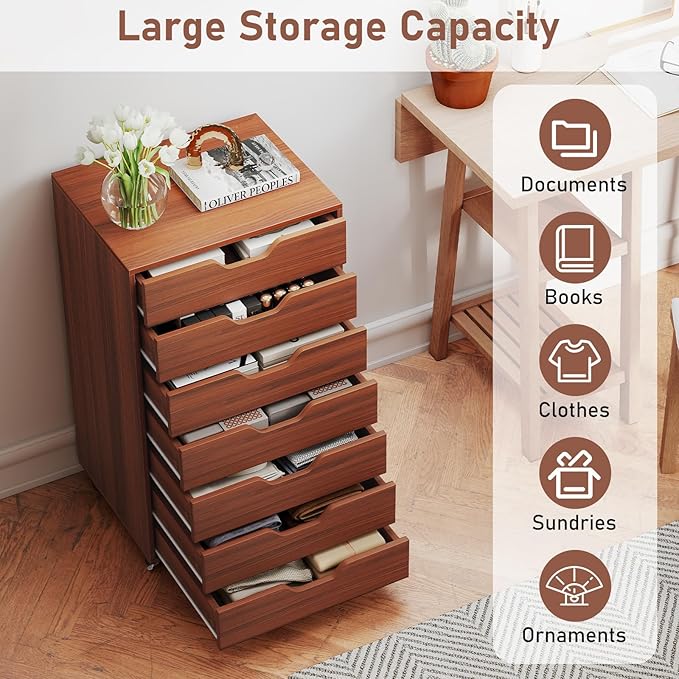 7 Drawer File Cabinet 34.5 Vertical Storage Drawer Cart Under Desk Office Organizer Wooden Printer Stand Rolling Filing Cabinet for Home Office (Walnut)