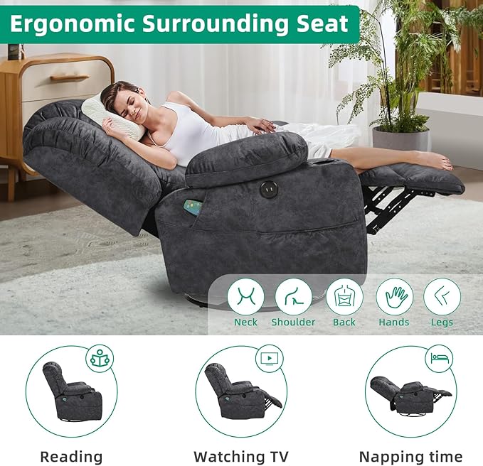 VIVIJASON 360° Swivel Rocker Recliner Chair for Adults Overstuffed Manual Glider Rocker Recliner with Heat &amp Vibration 2 Cup Holders Side Pockets &amp USB Ports for Living Room Plush Gray