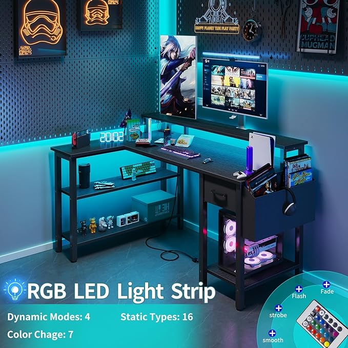 Lufeiya L Shaped Gaming Desk with Fabric Drawers and Storage Shelves 47 inch Home Office Desk with Monitor Stand Computer Desk with LED Lights and Power Outlets Black