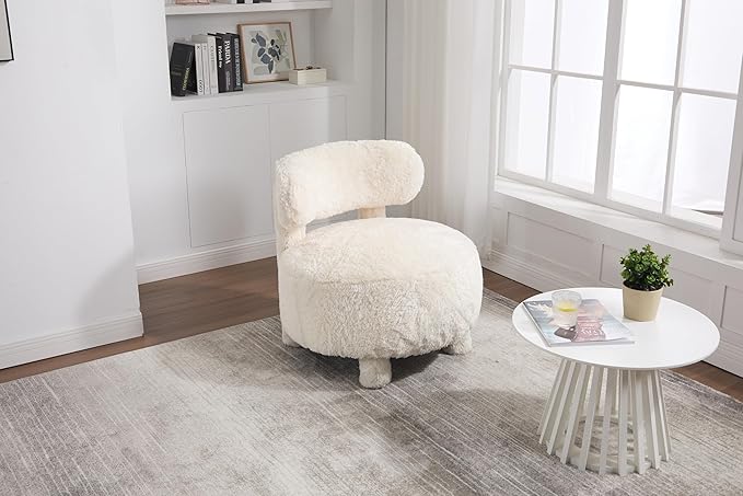 Upholstered Armless Chairs Modern Fur Accent Chair Cute Furry Chairs with Curved Backrest and Solid Wooden Legs for Living Room Bedroom Reading Room White