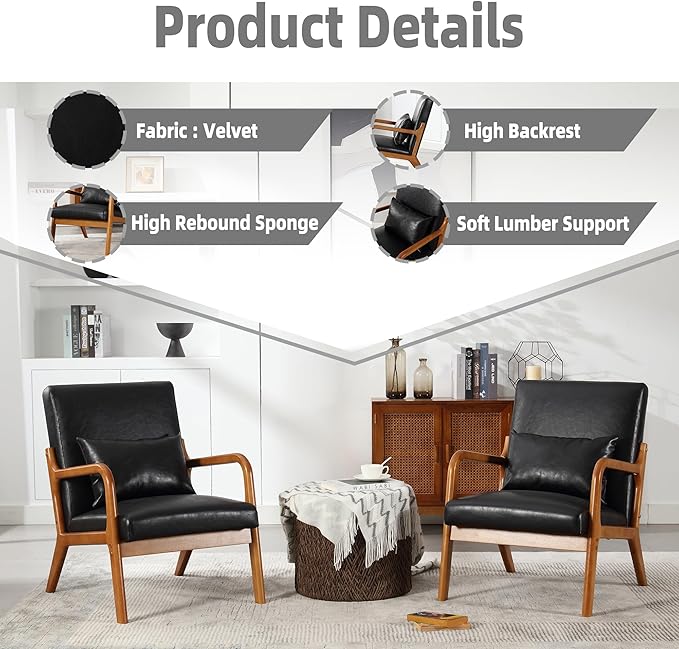 Modern Accent Chair Solid Wood Padding Lounge Armchairs with One Pillow for Living Room Bedroom Guest Room (Black PU)