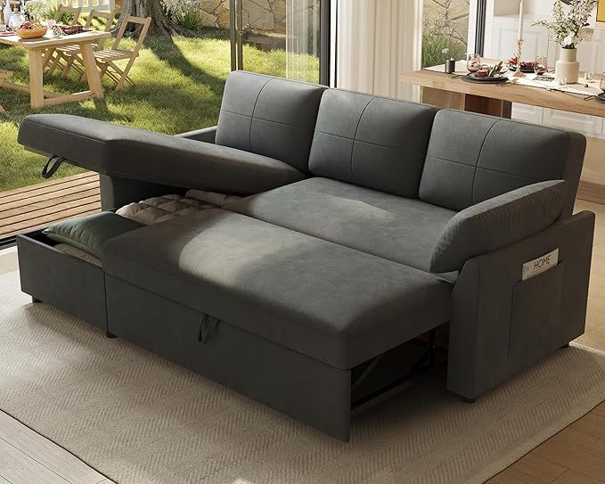 Jocisland Sofa Bed L Shaped Sleeper Sofa with Storage Chaise Pull Out Sofa for Living Room Guest Room Apartment Grey Linen Couch