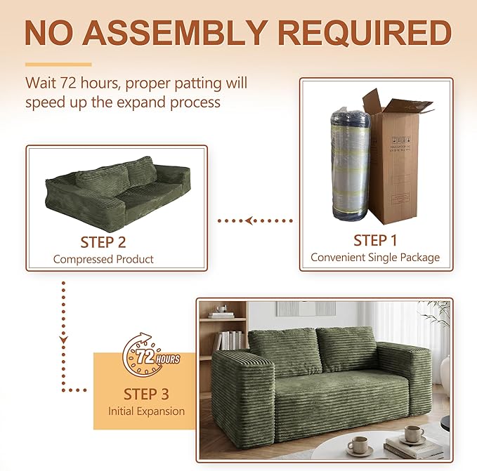 63 Boneless Cloud Couch Sofa 2 Seater Deep Seat Modern Lounge Sleeper Couch in a Box No Assemble Corduroy Compression Upholstered Small Couches for Small Spaces Apartment（Green）