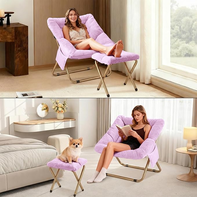 Comfy Saucer Chair for Adults Foldable Living Room Chairs Soft Faux Fur Lounge Chair for Bedroom Reading Chairs X-Large (Ottoman-Lavender)