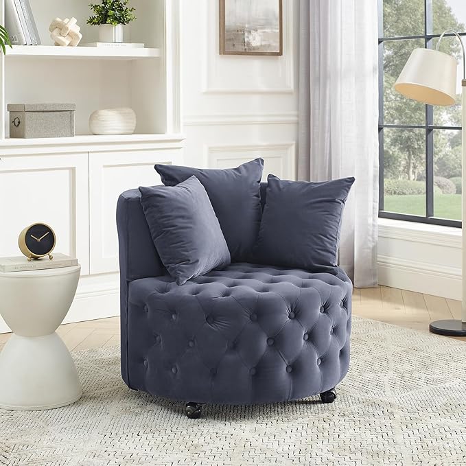 360° Swivel Accent Barrel Chair Velvet Comfy Round Chair with Button Tufted Design &amp 4 Moveable Wheels Upholstered Modern Lounge Reading Chairs for Living Room Bedroom Apartment Clubs(Grey)
