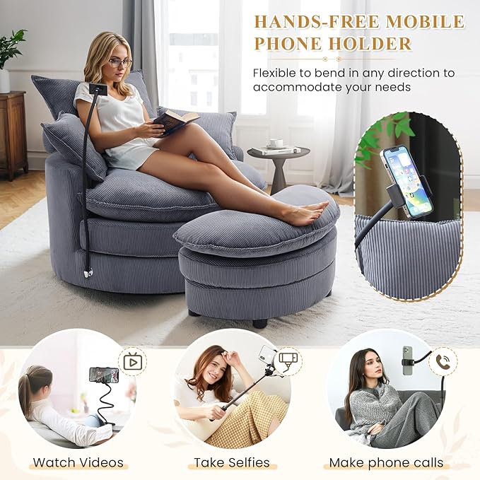 Swivel Barrel Accent Sofa Chair with Phone Holder &amp Storage Ottoman 360 Degree Modern Comfy Corduroy Oversized Leisure Chaise Lounge Arm Chair for Nursery Living Room Hotel Bedroom Office Gr