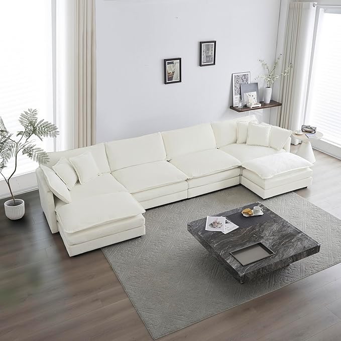 kevinplus 146.5'' Modular Sectional Sofa Couch with Ottoman for Living Room Modern Contemporary U-Shaped Sofa Couch for Apartment Office Chenille Fabric White (4-Seat Couch + 2 Ottoman)