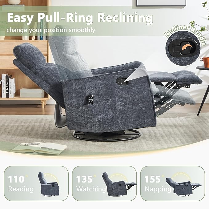 cinkehome Heated Massage Swivel Rocker Recliner Chair for Nursery - Small Space Reclining Chair with Lumbar Support 360° Swivel &amp Gentle Rocking Ergonomic High Back Chenille Fabric Blue