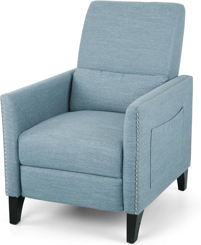 Mid-Century Fabric Rocker Recliner Chair with Tufted Design Adjustable Single Recliner Sofa with Thicker Seat Cushion with Pocket for Living Room Bedroom Apartment (Light Blue Style2)