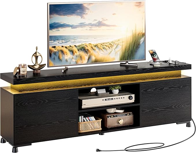 IRONCK TV Stands for TVs 75+ Inch with LED Lights and Power Outlet Modern TV Console Entertainment Center with Storage Cabinet for Living Room