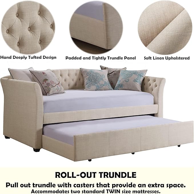 Rosevera Adrie Upholstered Twin Daybed with Tufted Button Daybed with Trundle Sofa for Living Room Bedroom Guest Room Beige Velvet
